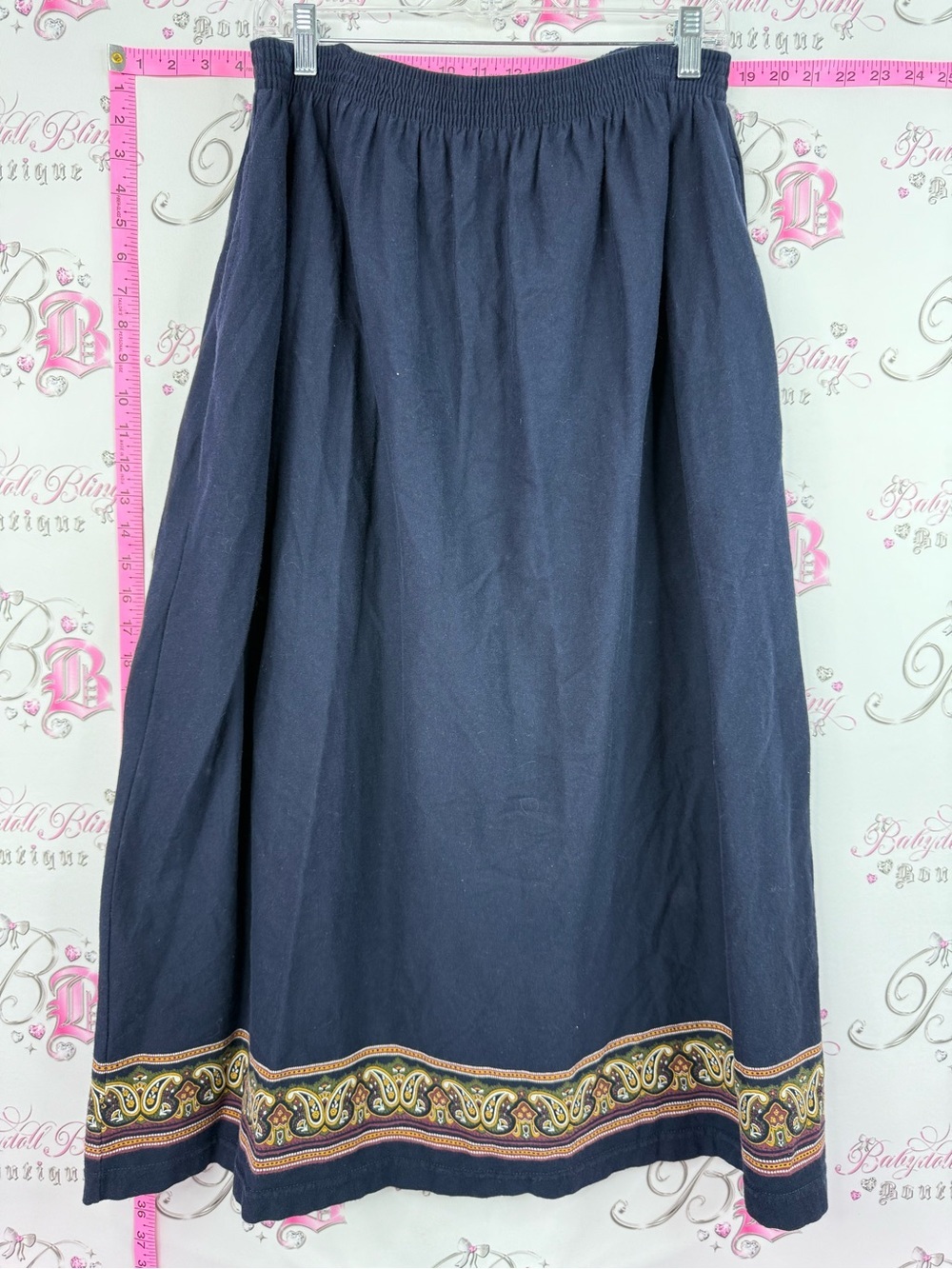 liz & co. Skirt Navy Blue boho Skirt with Paisley Hem